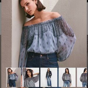 LOFT Off-Shoulder Lace Blouse in Seaside Blue